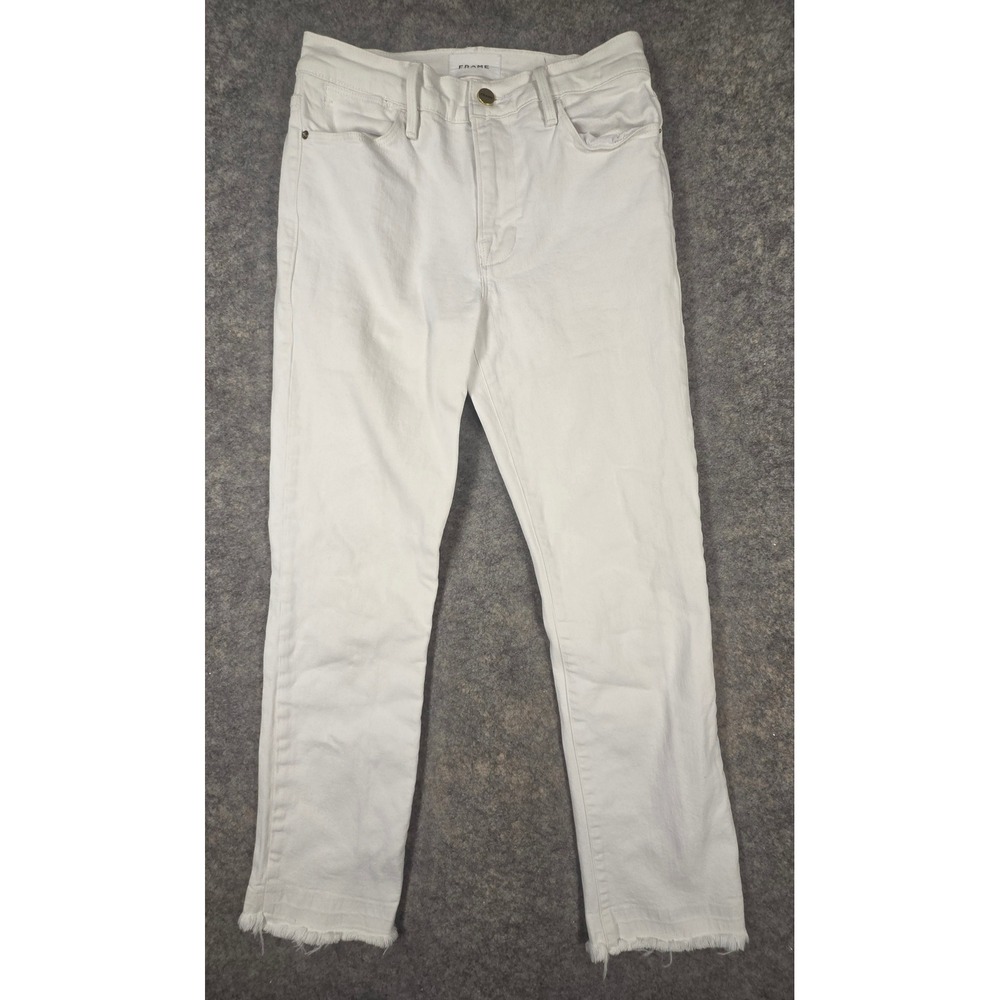 Frame Le High Straight Jeans White Raw Hem Size 27 LHSTRH009 Blanc